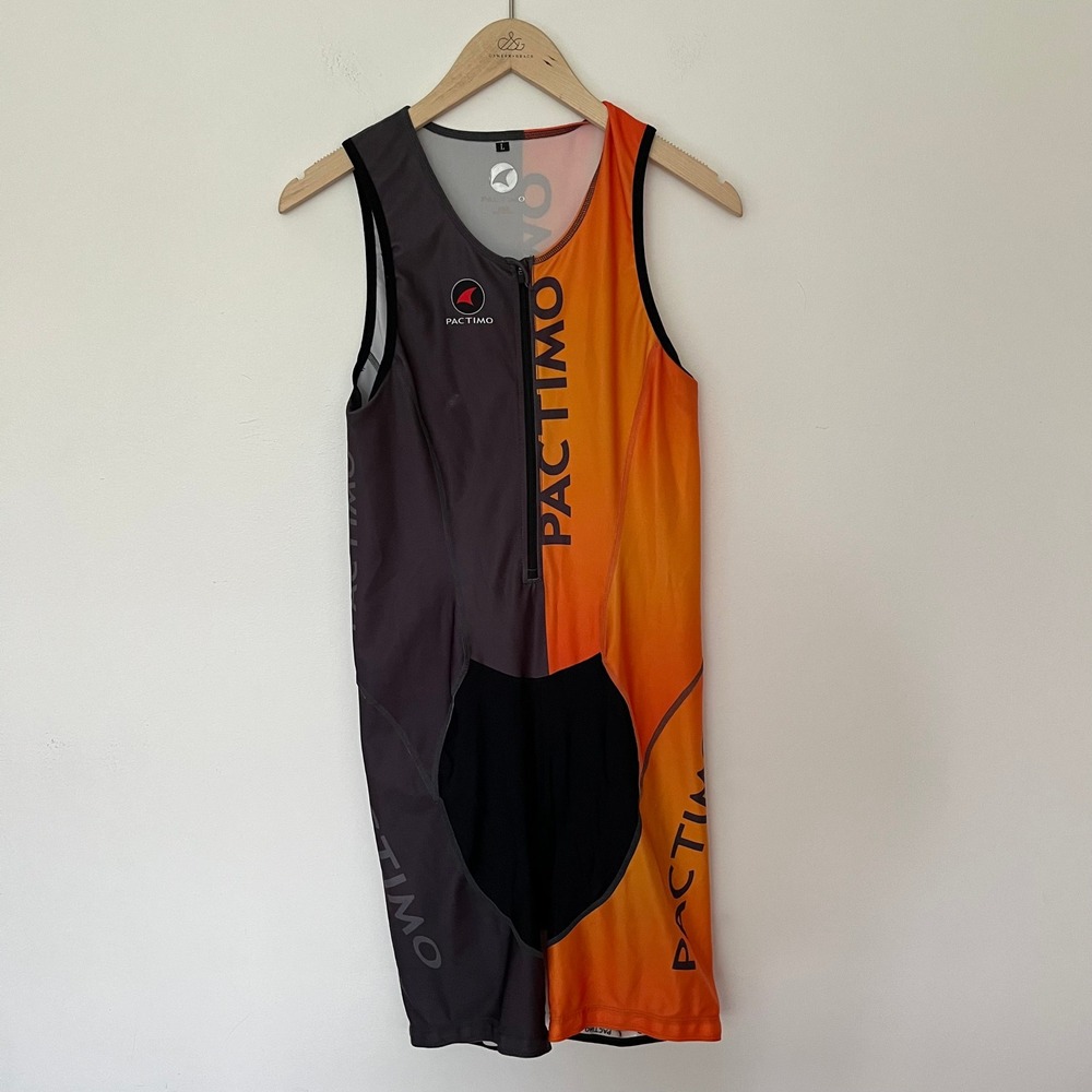 Pactimo Mens Triathlon Trisuit Orange Grey Padded Sleeveless Race Suit Large